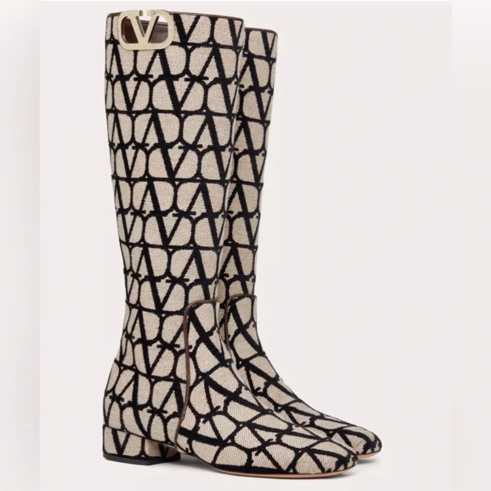 Valentino Garavani Toile Iconographe V-Logo Knee-High Boots, New, w/Box, Size 37